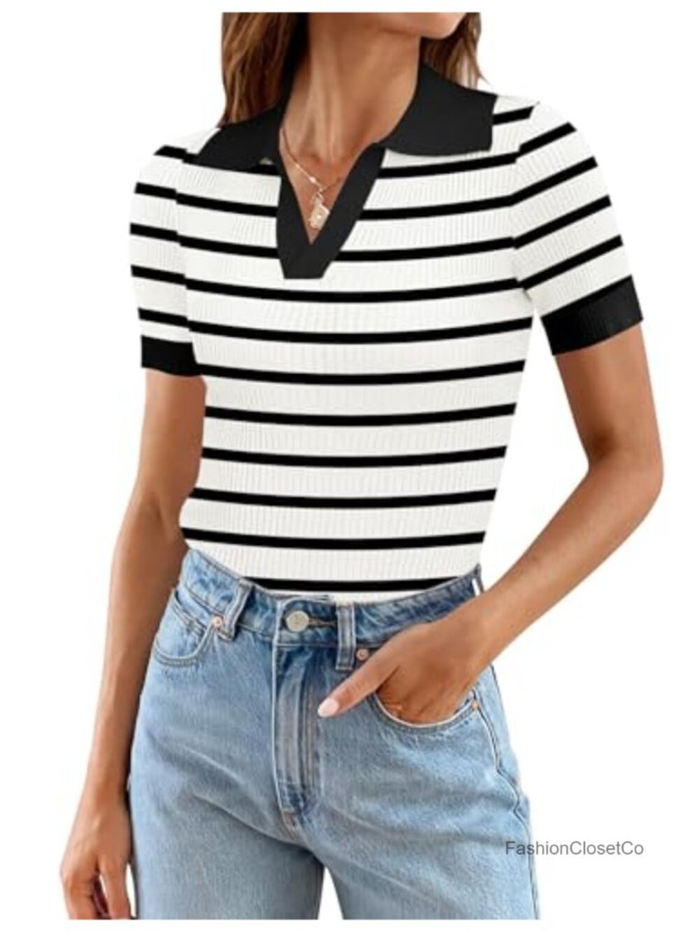 Women's V-Neck Knit Sweater Short Sleeve Slim Fit Lightweight